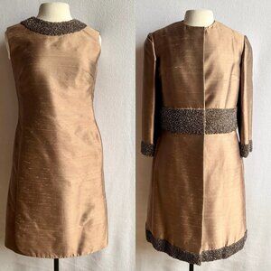 1960s Copper Colored Beaded Dress & Coat Set